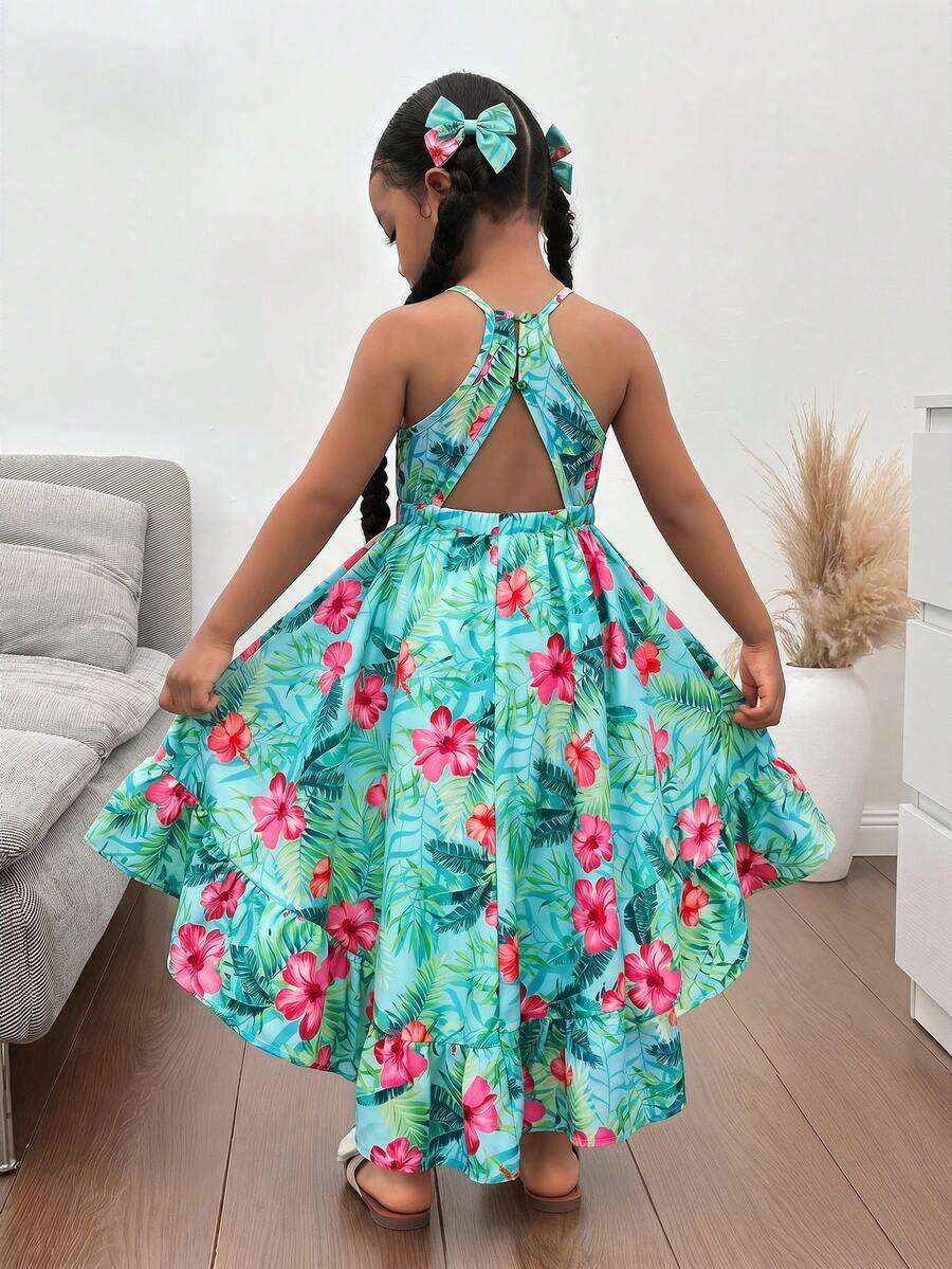 SHEIN 柠檬印花荷叶边袖长裙,适合夏季度假、母女/姐妹亲子装、家庭度假、假日、海滩度假;简约无袖印花吊带连衣裙 - 綠色 - 查看 1