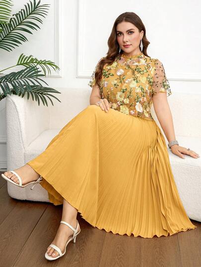 Reflora Plus Size Elegant Party Floral Embroidery Mesh Patchwork Pleated Dress