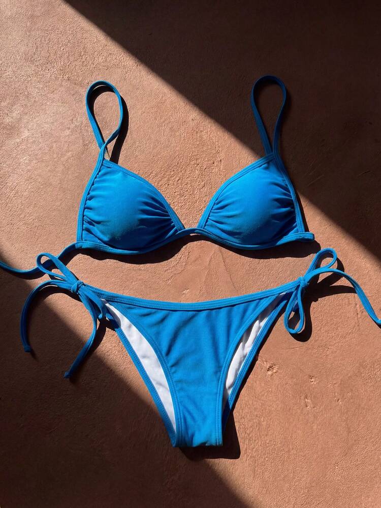 Women's Summer Beach Solid Color Halter Tie Sexy Bikini And Triangle Panty Swimsuit Set