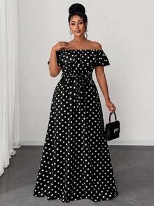 Maweii Maxikleid für Damen in Große Größen aus leichtem, fließendem Stoff mit Schwarz-Weiß Polka Punkt Muster, Carmen-Ausschnitt und Rüschensaum. Mit Taillenschleife und lang geschnittenen, weiten Rock. Geeignet für modische Casual-Anlässe, romantische Dates, Valentinstag Nachmittagstee, Abschlussfeiern, Reisen, städtische Ausflüge, romantische Hochzeitssaison und elegante Gästegarderobe: Graziöse Kleidung, minimalistische Mode für Große Größen - Verschiedenfarbig - Übersicht 1