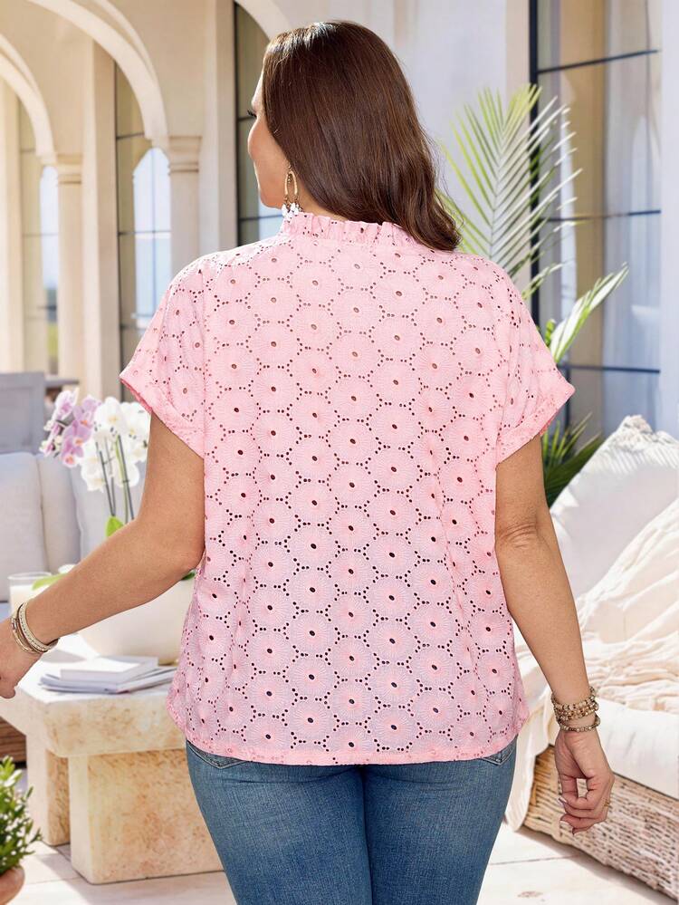 Plus Size Women Summer Casual Vacation Floral Embroidery Ruffle Collar Blouse