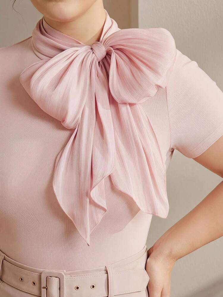 Elegant & Fashionable Tie-Neck Splice Knit Elastic Fitted Short Sleeve T-Shirt For Women, Suitable Work, Dates, Holidays, Parties, Vacation, Plus Size