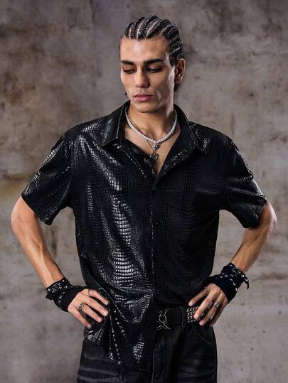 Skyrend Camisa polo de hombre de unicolor con textura de piel de serpiente de seda de hielo, adecuada para fiestas, reuniones y uso diario