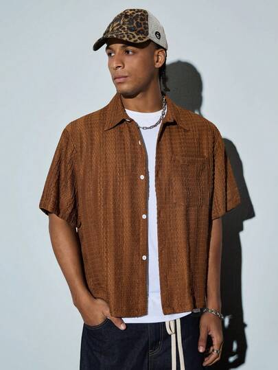 Modcrash Men's & Teenage Boys' Textured Short Sleeve Shirt, Boxy Cut Loose Casual Top, Versatile Summer Shirt