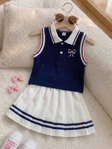 Playful Pals 2pcs Young Girls Contrast Color Bow Print Sleeveless Shirt + Elastic Waist White Pleated Skirt Set, Korean Style Casual Cute Sweet Outfit, Suitable For Daily Outing, School, Shopping, Travel, Photo Shooting, Park, Etc. - Navy Blue - View 8
