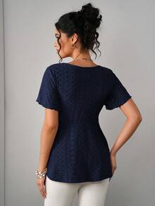 Momance Áo thun bầu dáng thanh lịch, thêu họa tiết rỗng, xếp ly ở ngực, kiểu dáng thường ngày. - Màu xanh lam - Xem 2