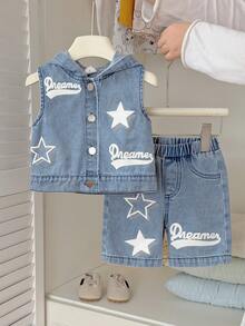 SHEIN Toddler Boys' Washed Casual Loose Denim Hooded Vest Top & Elastic Waist Denim Shorts Set, Simple Fashion Versatile Design For Daily Wear - Blue - View 5