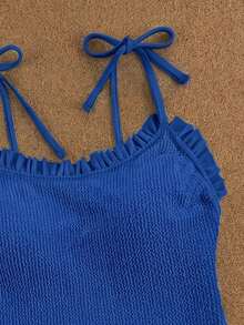 Swim Vcay 黑色褶皱面料吊带荷叶边优雅女士连体泳衣 - 寶藍色 - 查看 3