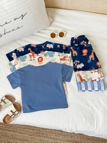 SHEIN 6件套男女宝宝/幼儿可爱动物印花短袖T恤短裤套装，睡衣，家居服套装，男婴夏季服装，睡衣 - 霧霾藍 - 查看 2