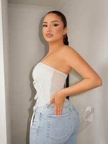 SHEIN SXY Summer Drawstring Front Asymmetrical Hem Tube Top - White - View 4