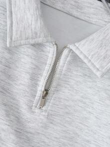 Resyla Conjunto de 2 piezas de top de manga corta con media cremallera y cuello, unicolor bordado + pantalones casuales de cintura elástica, unicolor bordado, adecuado para primavera/verano, elegante atuendo de oficina versátil para mujer - Gris - Ver 3
