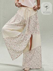 SoleilVie Tall Spring Summer New Floral Patchwork Wide-Leg Pants Regular Waist Elastic Waist Resort Maxi Pants - Apricot - View 1