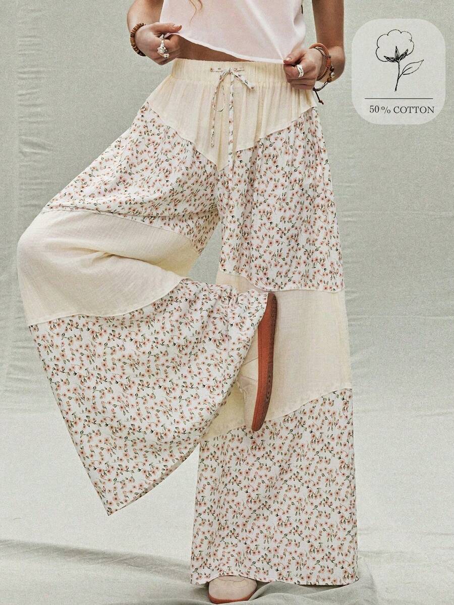 SoleilVie Tall Spring Summer New Floral Patchwork Wide-Leg Pants Regular Waist Elastic Waist Resort Maxi Pants - Apricot - View 1