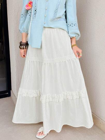 Mulvari Chân váy ren phối màu trơn tương phản dành cho nữ, thích hợp cho kỳ nghỉ.