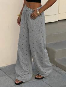 Muchica Grey Rhinestone Studded Drawstring High Waist Wide Leg Sweatpants, Casual Loose Floor Length Baggy Street Style Lounge Pants For Women - Light Grey - View 4