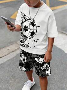 Tween Boy Casual Comfortable Fashion Minimalist Round Neck Short Sleeve T-Shirt And Shorts Set, Soccer Graphic Minimalist Short Sleeve Tee And Shorts For Summer - Multicolor - View 1