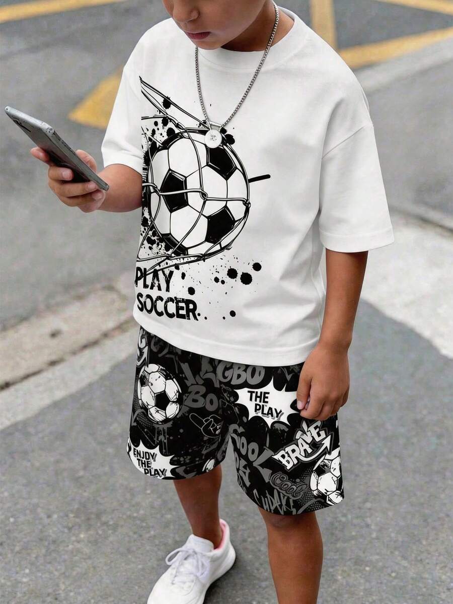 Tween Boy Casual Comfortable Fashion Minimalist Round Neck Short Sleeve T-Shirt And Shorts Set, Soccer Graphic Minimalist Short Sleeve Tee And Shorts For Summer - Multicolor - View 1