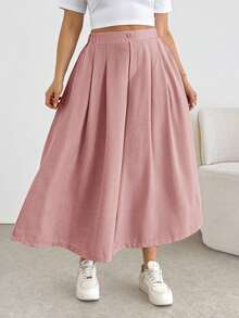 Comfortable And Loose-Fitting Elastic-Waist Pleated Shorts/Skirts, A Basic And Versatile Style For Everyday Wear, Flattering The Figure, In Apricot Color, For Plus-Size Women, For Spring/Summer - Rosa - View 2