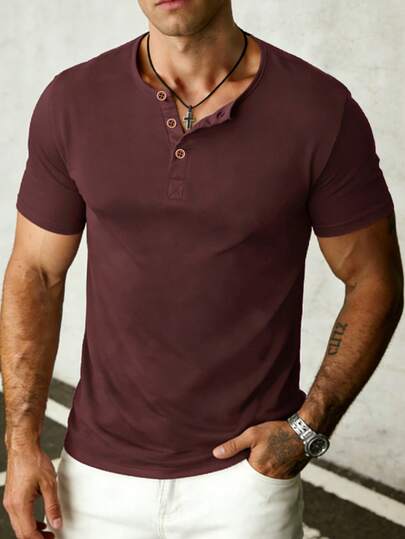 Manfinity Sport Corelite Herren Henley-Ausschnitt Kurzarm T-Shirt, Slim Fit einfarbiges lässiges Unterhemd