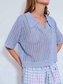Nöista Lavender Knit Top Openwork Pattern With Short Sleeves And A Polo Collar Neck, Scalloped Edges. Spring, Summer, . - Blue - View 5