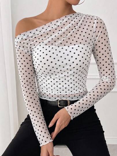 Selianne Camiseta de manga larga asimétrica con volantes, estampado de lunares de malla estilo romántico francés, para uso casual, de vacaciones y diario, camiseta blanca con lunares de moda para primavera/verano