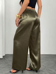 SHEIN PETITE Quần dài ống rộng màu xanh lá cây bằng vải satin dành cho nữ, kiểu dáng thường ngày, quần lụa, quần satin, quần lụa xanh lá cây, quần satin xanh lá cây, quần màu xanh ô liu, kiểu dáng thường ngày. - màu xanh lá - Xem 5