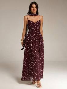 SHEIN Tall Đầm không tay chấm bi màu nâu lãng mạn mùa xuân/hè dành cho nữ, có dây buộc cổ, ngọt ngào và thanh lịch, thích hợp cho kỳ nghỉ, hẹn hò, lễ hội, đi chơi và ngày Valentine, trang phục mùa xuân cho nữ. - màu nâu - Xem 3