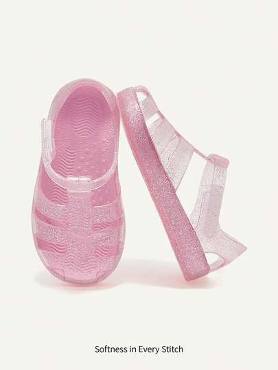 Cozy Pixies 1 Pair Fashionable Versatile Cute Princess Pink Transparent Soft Comfortable Crystal Heart Flat Sandals For Toddlers