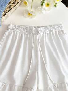 Resyla Plus Size Women Solid Color Drawstring Waist Ruffle Hem Casual Shorts - White - View 4