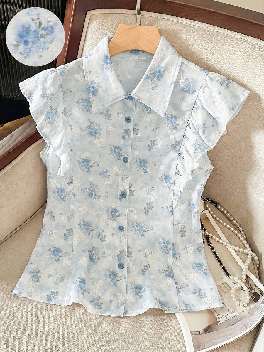 Seusyu Women's Digital Print Floral Ruffle Sleeve Blouse, Fashionable & Age-Reducing, Spring/Summer - Blue - View 1