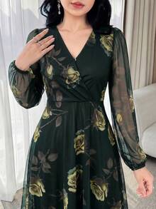 Nuevo vestido elegante y encantador de cintura ceñida de alta gama con flores de rosa para mujeres - Verde militar - Ver 4