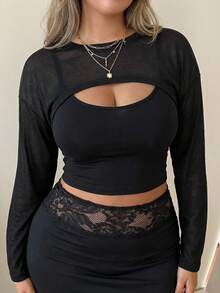 Dazy Petite Plus Women's Black Long Sleeve T-Shirt Cover Up, Spring/Summer - Black - View 4