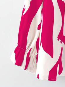 EMERY ROSE Plus Size Women V-Neck Back Tie Full Print Long Sleeve Autumn Blouse - Hot Pink - View 4