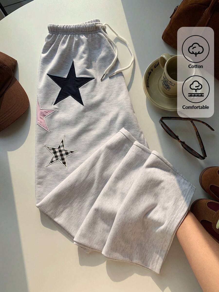 Comfortcana 女款星星刺繡抽繩腰休閒運動長褲,淺灰色冬季返校穿搭,Y2K舒適度假風,2026新款 - 灰色 - 查看 1