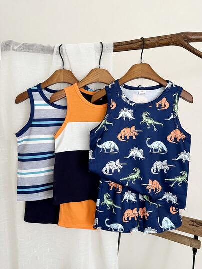 SHEIN Bộ 6 món đồ chơi mùa hè cho bé trai, kiểu dáng thường ngày, họa tiết hoạt hình dễ thương, gồm áo ba lỗ và quần short kẻ sọc, thích hợp mặc hàng ngày, đi du lịch, hoạt động ngoài trời, dự tiệc, nghỉ hè ở bãi biển, mùa xuân/hè.