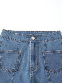 Quần jean denim thường ngày cho bé gái tuổi teen, thiết kế tối giản đa năng theo xu hướng thời trang mùa mới với túi trước và chi tiết rách, màu xanh nhạt, ống loe co giãn. - Màu xanh lam - Xem 4