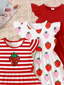 SHEIN Elladie kids Bộ 3 món gồm váy kẻ sọc trang trí hình dâu tây dễ thương, kết hợp với váy tay loe màu trơn in hình dâu tây, trang phục thường ngày phù hợp cho kỳ nghỉ hè. - Nhiều màu - Xem 7