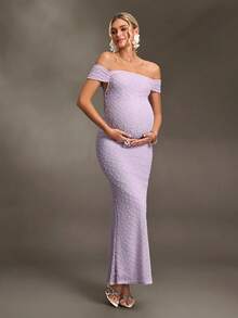 Cheriluna Maternity 孕妇纯色露肩修身优雅连衣裙，适合拍照 - 淡紫色 - 查看 5