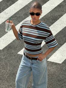 SHEIN Muchic Women's Striped Patchwork Casual Versatile Daily Wear T-Shirt - Multicolor - View 7