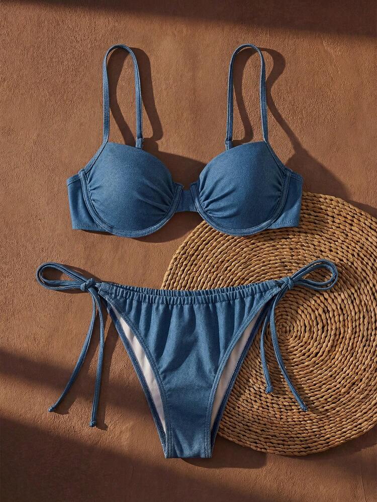 Women's Summer Beach Solid Color Fashionable Tie-Up Sexy Bikini Swimsuit Set