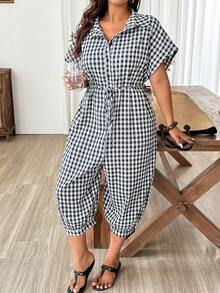 Weeklong Plus Size Textured Loose Plaid Print Asymmetric Pocket Short Sleeve Jumpsuit Fall - Multicolor - View 5