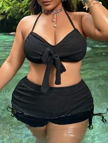 Swim SXY Bộ bikini tankini màu đen sang trọng với họa tiết bong bóng, thiết kế hở lưng với dây bản rộng, quần cạp cao buộc dây bên hông, giúp thon gọn và tôn dáng, lý tưởng cho mùa xuân nóng bỏng và kỳ nghỉ. - màu đen - Xem 3