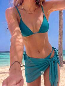 Swim Vcay Conjunto de Maiô Bikini Feminino de 3 Peças, Vestido de Praia Sólido na Cor Azul Pavão Sexy com Alça Amarrada e Contas Coloridas Aleatórias, Primavera/Verão - Azul petróleo - Visão 3
