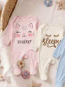 SHEIN [3 Pcs Acak, 1 Pcs Dikirim] Romper Bayi Baru Lahir Motif Kucing & Beruang Kartun, Kain Lembut & Nyaman, 3 Warna Pink, Beige, Biru Muda - MultiWarna - View 4