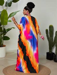 Maweii Burnt Orange Plus Size Women's Boho Vibrant Abstract Print V-Neck Short Sleeve Dress Front Ring Cutout Loose Fit Summer Vacation Holiday Beach - Multicolor - View 6