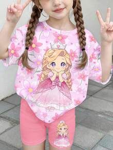 两件套，少女可爱花卉卡通冰雪女王印花短袖T恤和休闲短裤，适合夏季，姐妹和闺蜜同款。 - 白色 - 查看 4