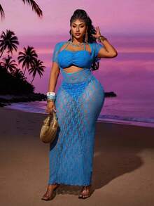 Maweii Conjunto de cubrecuerpo y cubrecuerpo de encaje de unicolor con cuello halter, talla grande, para vacaciones y playa - Azul - Ver 4