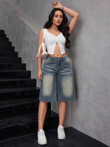 SHEIN Quần jeans nữ cạp thấp ống đứng dài đến 3/4, kiểu dáng thường ngày năng động, phù hợp với phong cách đường phố. - Rửa tối - Xem 3