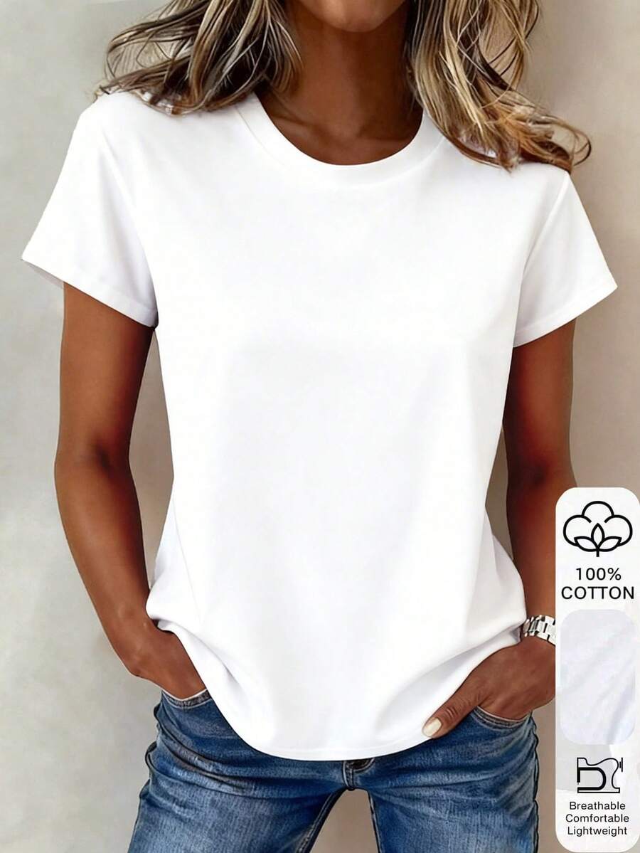 EMERY ROSE Women's Solid Color Round Neck Short Sleeve T-Shirt, Minimalist And Versatile For Summer - White - View 1