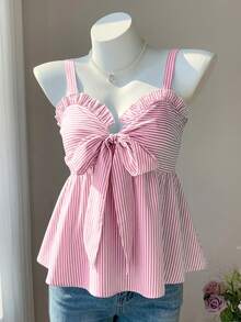 GlowEve CURVE Plus Size Slimming Flared Striped Casual Camisole For Women, Spring/Summer - Pink - View 3